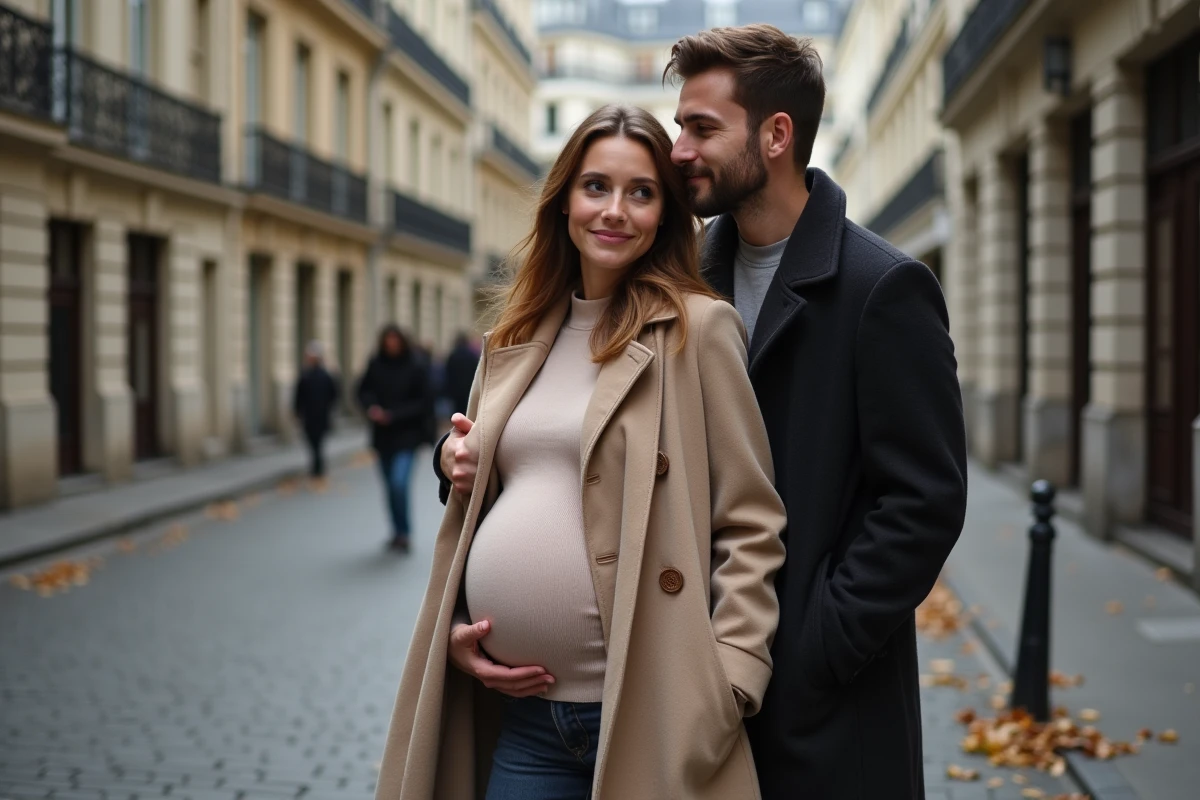 Couple attendant un bébé marchant ensemble dans une rue parisienne en automne, dans une atmosphère intime et discrète