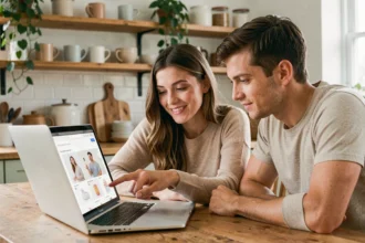 Jeune couple de futurs parents qui navigue sur le site Bébés Avenue depuis leur cuisine pour préparer l'arrivée de leur premier enfant