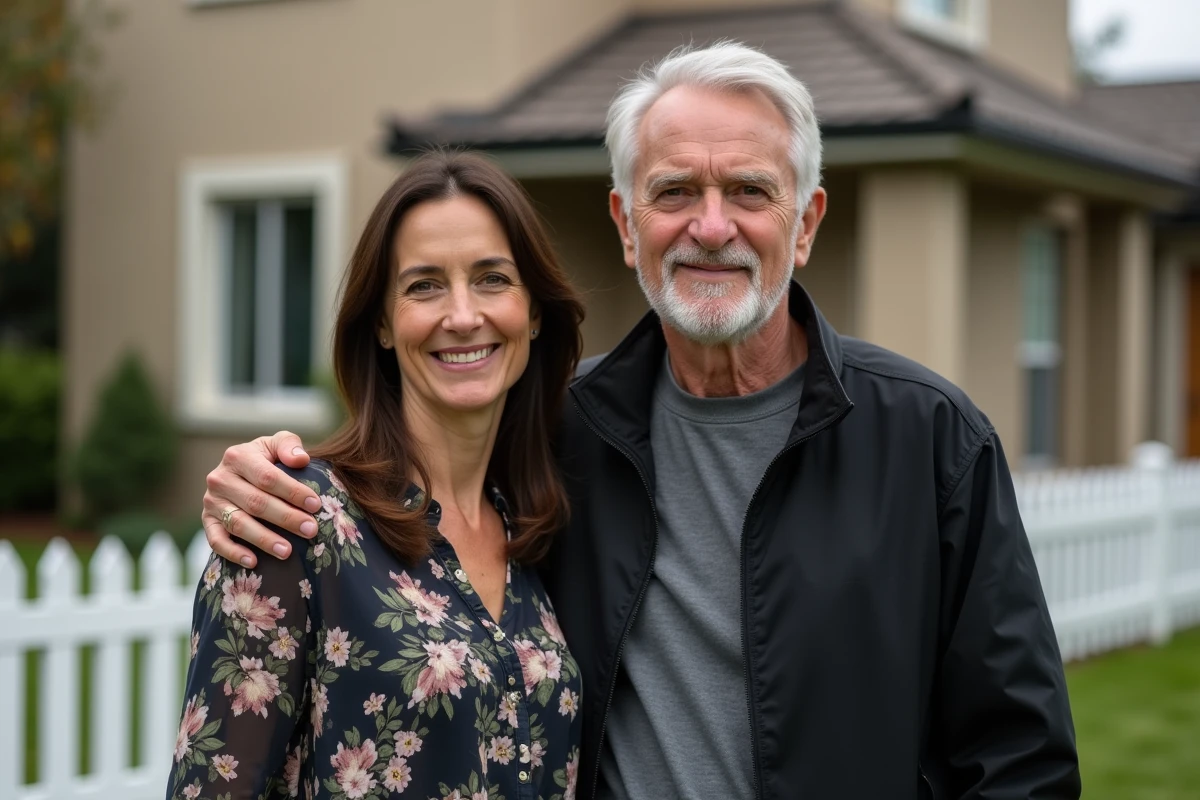 Couple devant une maison de banlieue avec des expressions neutres et tendues, illustrant une relation amoureuse complexe et la vie privée d'une star