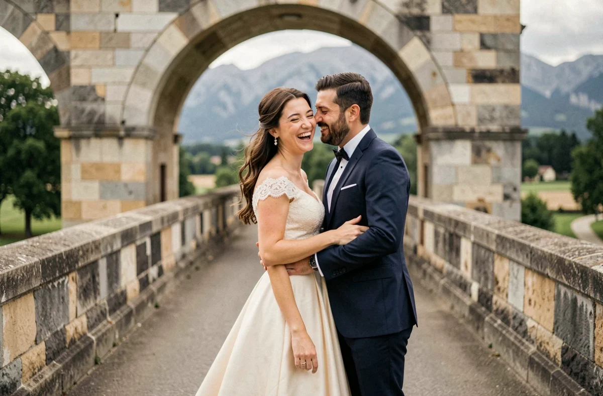 Couple de mariés photographié sur un pont historique de Pau avec les Pyrénées en arrière-plan