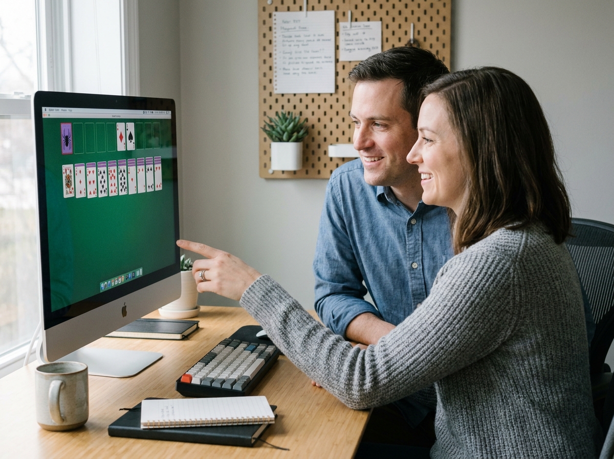 Couple de parents découvrant ensemble le Spider Solitaire en ligne sur un ordinateur de bureau dans un bureau à domicile