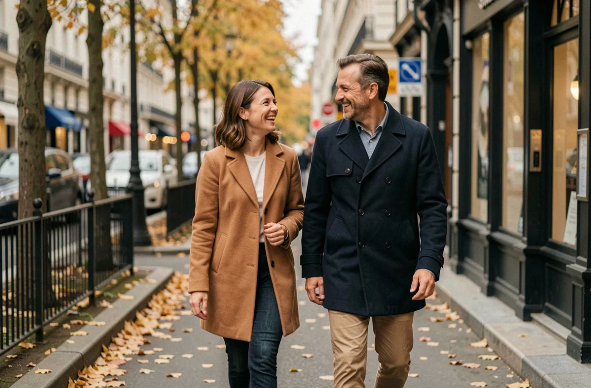 Un couple se promenant en automne dans une rue parisienne, riant et marchant côte à côte