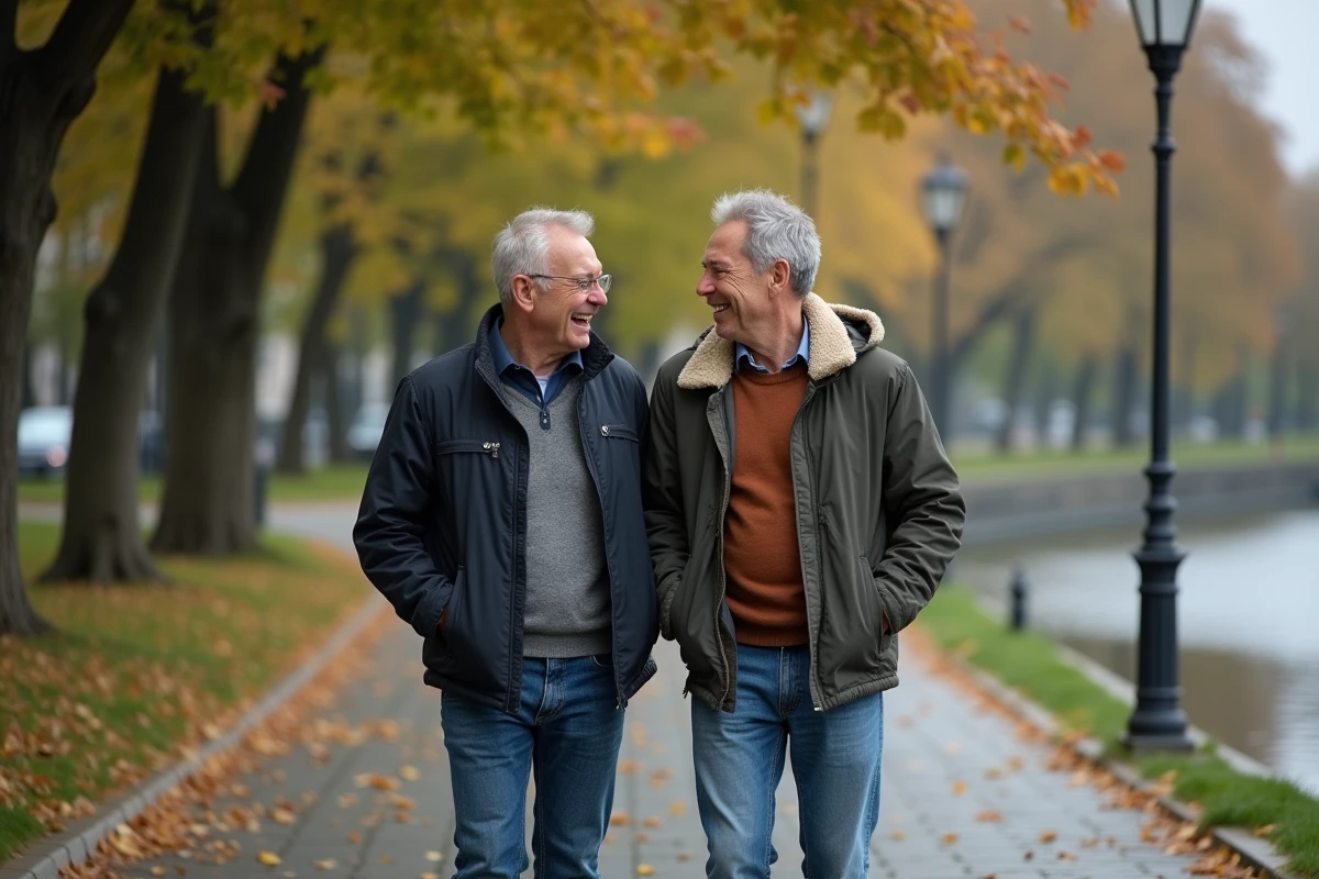 Couple de deux hommes se promenant en bord de rivière à l'automne, complicité et vie privée préservée