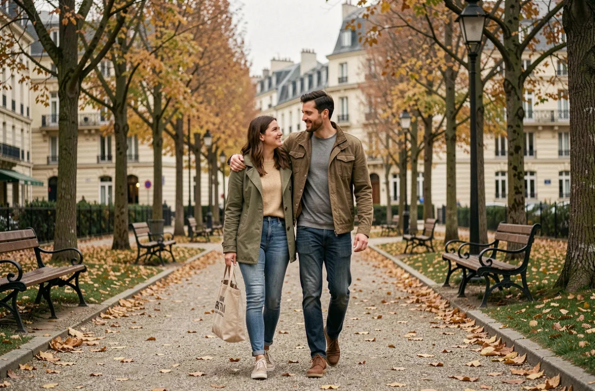 Couple se promenant dans un parc parisien pendant le week-end, équilibre entre vie de couple et quotidien