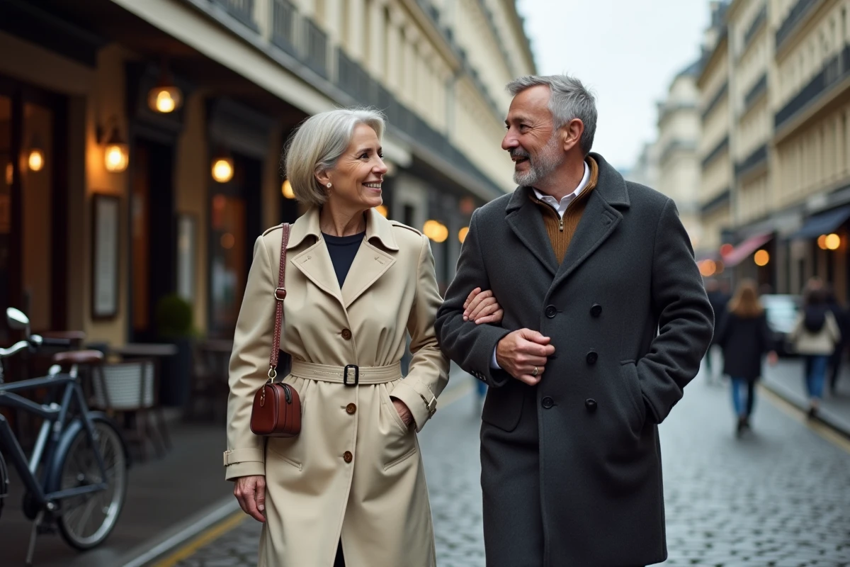 Couple élégant se promenant dans une rue parisienne aux immeubles haussmanniens sous ciel nuageux