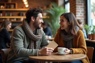 Couple jouant au jeu des questions pour briser la glace autour d'un café
