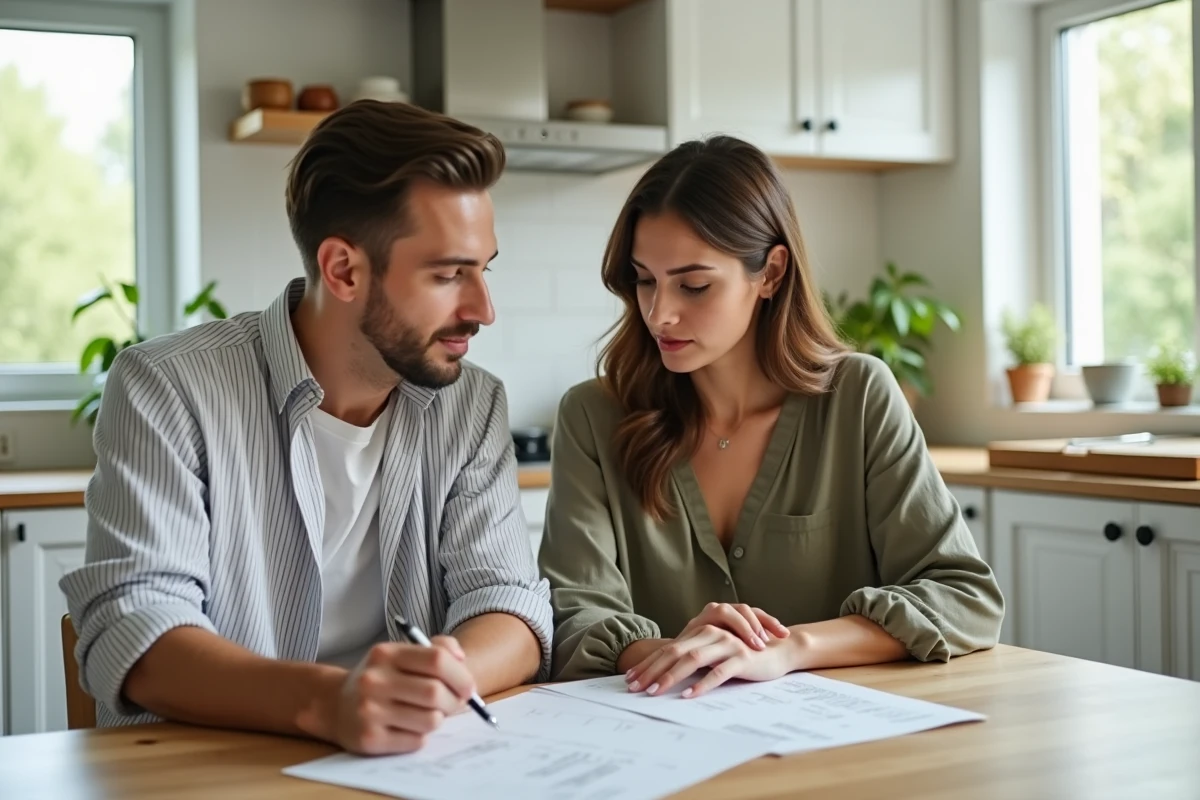 Couple révisant les documents pour la rédaction d'un courrier de congé parental à domicile