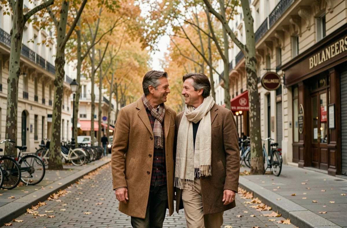 Couple parisien marchant dans une rue calme en automne, scène de vie privée préservée et naturelle