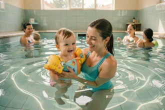 Mère et bébé nageur souriants dans une piscine intérieure lors d'un cours aquatique en Provence-Alpes-Côte d'Azur