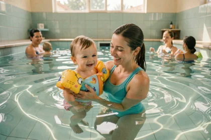 Mère et bébé nageur souriants dans une piscine intérieure lors d'un cours aquatique en Provence-Alpes-Côte d'Azur