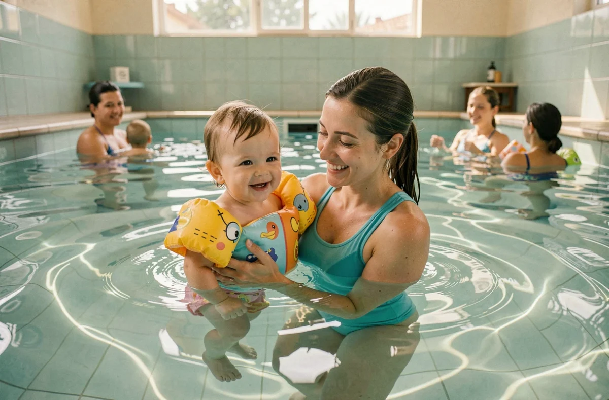 Mère et bébé nageur souriants dans une piscine intérieure lors d'un cours aquatique en Provence-Alpes-Côte d'Azur