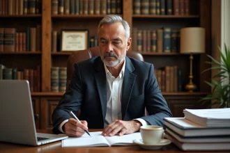 Portrait d'un criminologue français influent dans son bureau parisien entouré de livres et de dossiers politiques