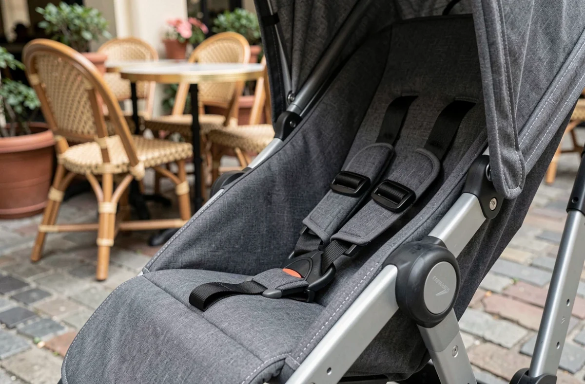 Gros plan sur les détails et mécanismes d'une poussette trois en un garée devant un café parisien