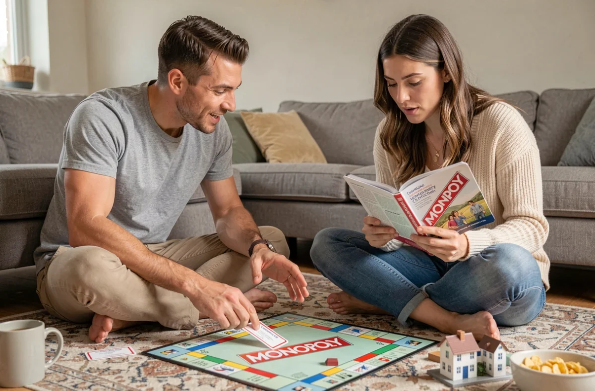 Deux adultes en désaccord sur une règle du Monopoly consultant le livret officiel sur le sol d'un salon