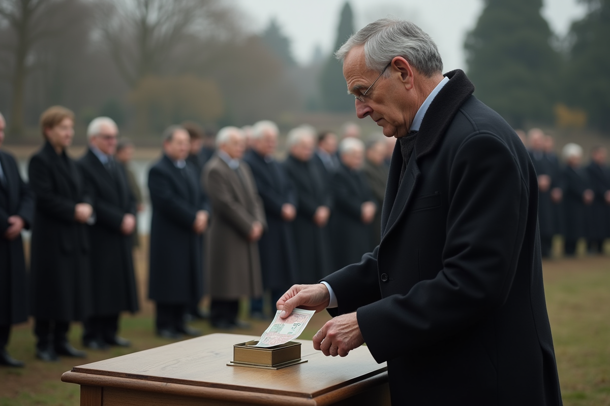 Homme âgé déposant un billet dans une boîte à pourboire au cimetière