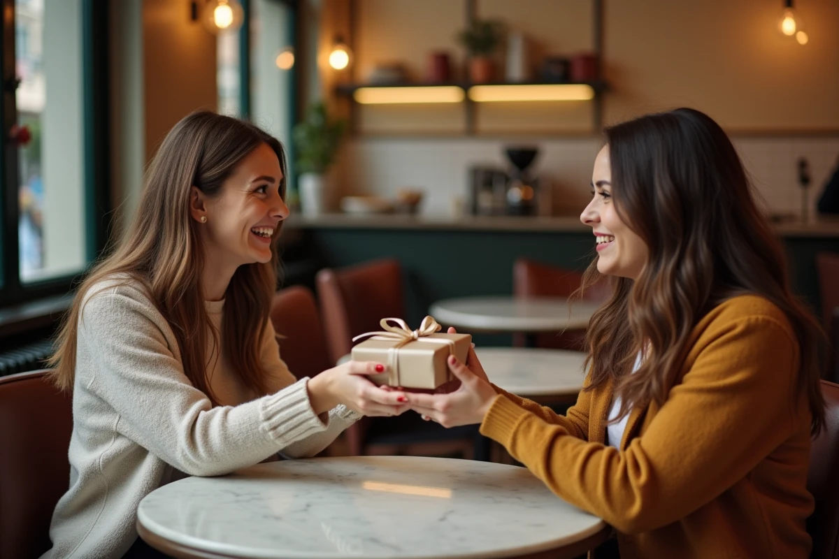 Deux femmes échangeant un cadeau surprise dans un café parisien, réaction spontanée de surprise et de gratitude