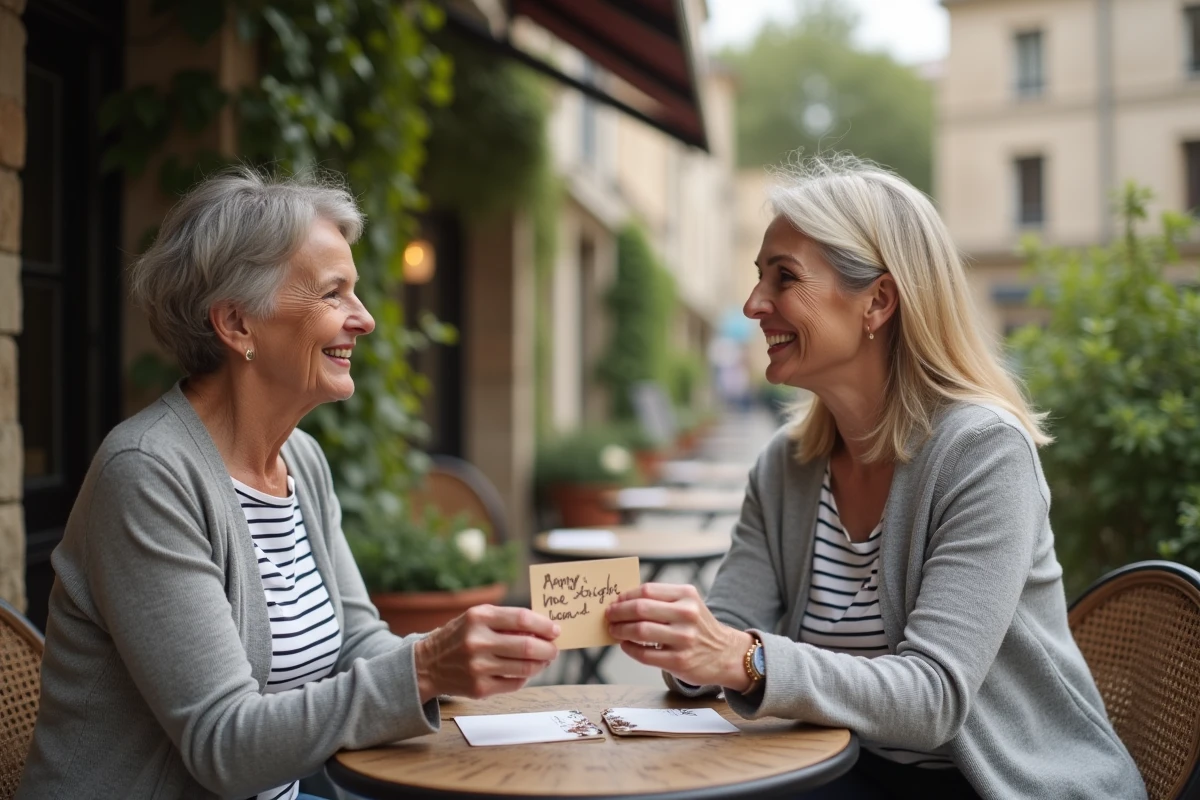 Deux femmes échangeant une carte faite maison avec un message émouvant à la terrasse d'un café
