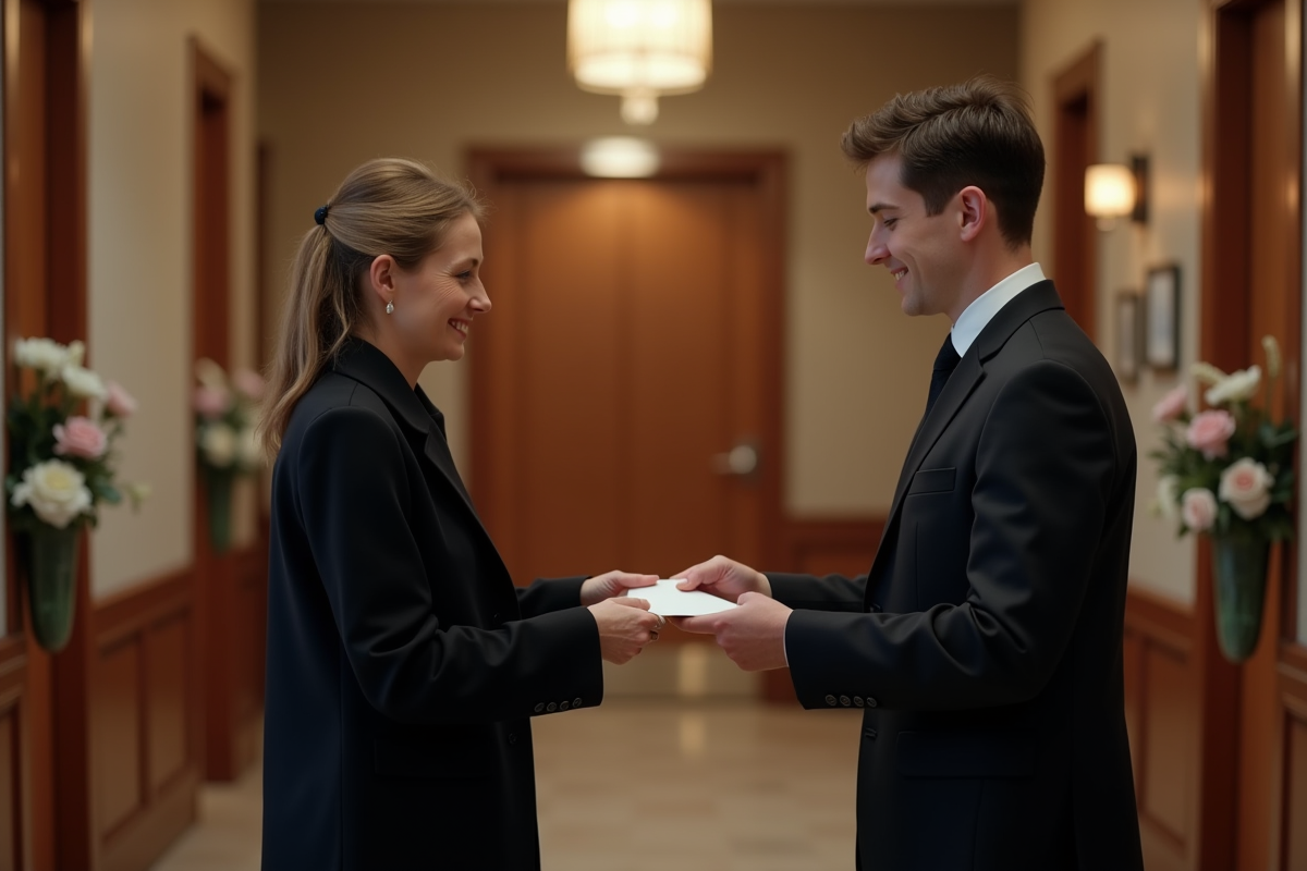 Femme en manteau noir donnant une enveloppe au personnel funéraire