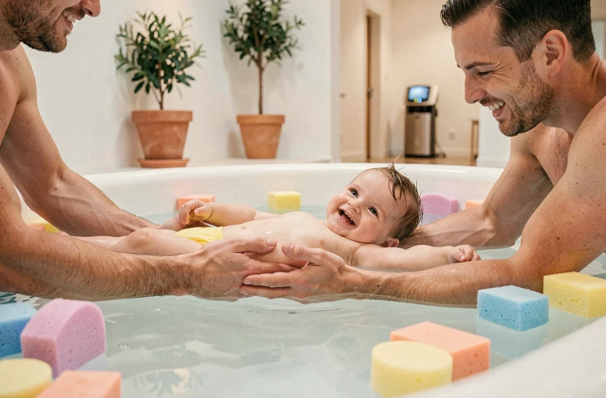 Père accompagnant son bébé lors d'un cours aquatique dans la piscine d'EdenKids à Bouc-Bel-Air