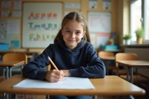 Jeune élève concentrée sur un exercice dans une petite salle de classe adaptée de type ULIS, illustrant le dispositif d'inclusion scolaire spécialisé
