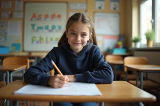 Jeune élève concentrée sur un exercice dans une petite salle de classe adaptée de type ULIS, illustrant le dispositif d'inclusion scolaire spécialisé