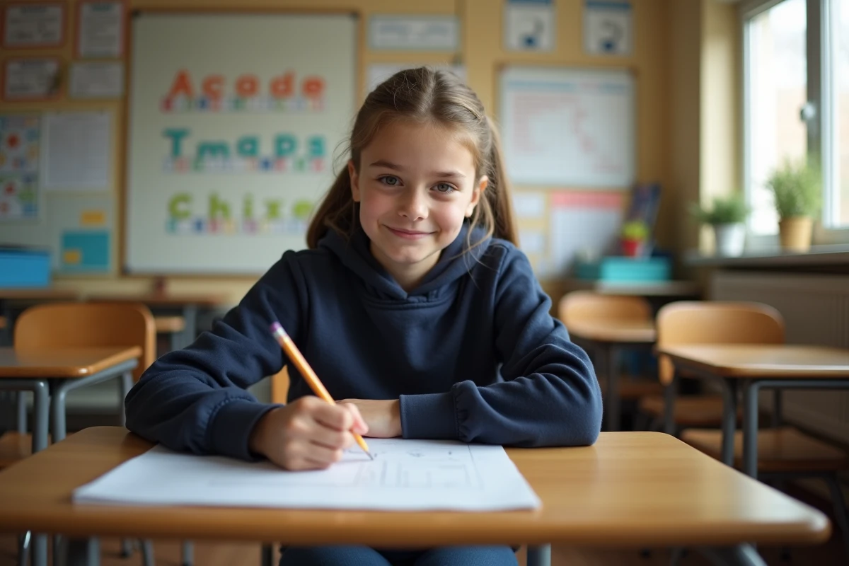 Jeune élève concentrée sur un exercice dans une petite salle de classe adaptée de type ULIS, illustrant le dispositif d'inclusion scolaire spécialisé