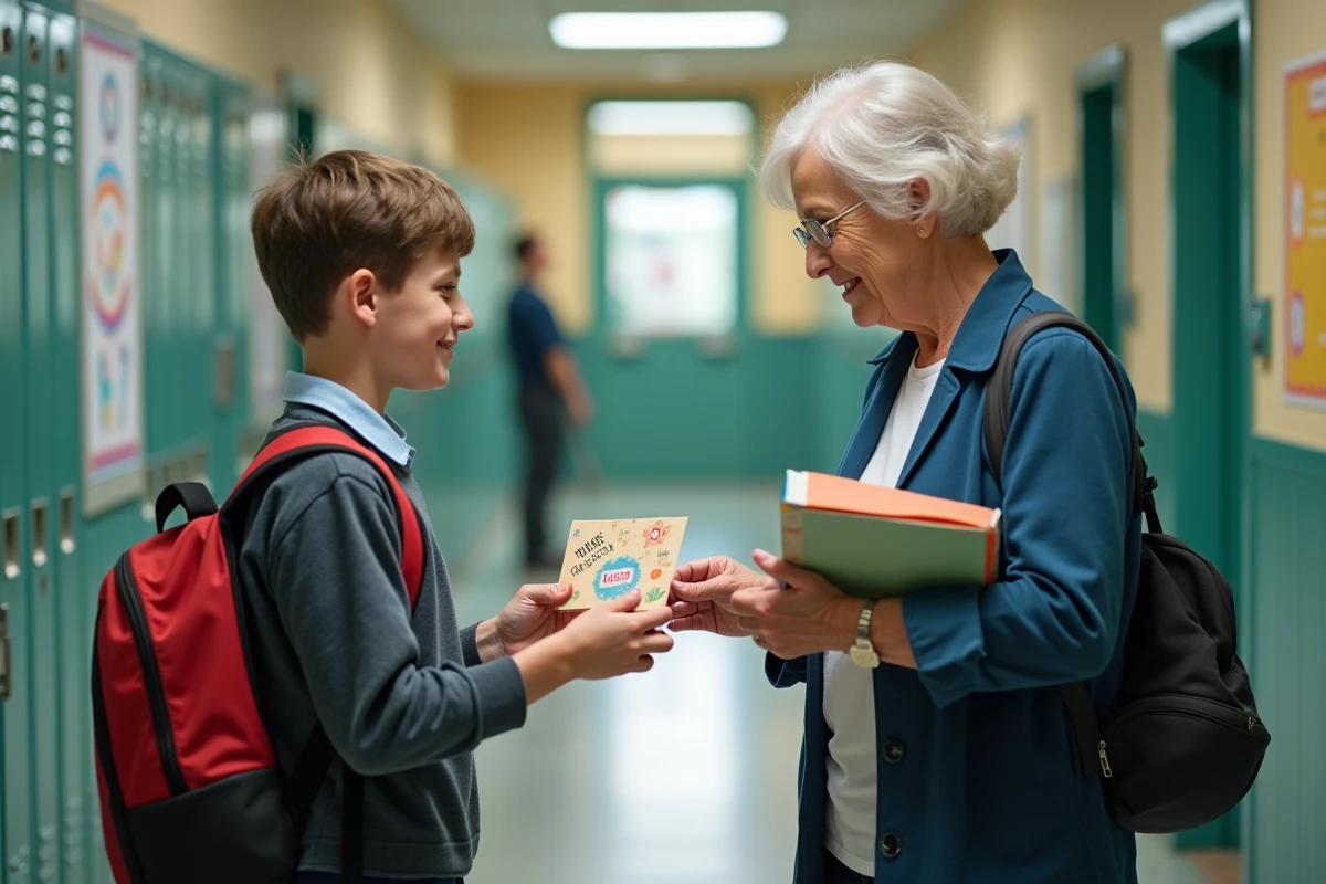Élève de 12 ans offre une carte à une enseignante dans le couloir