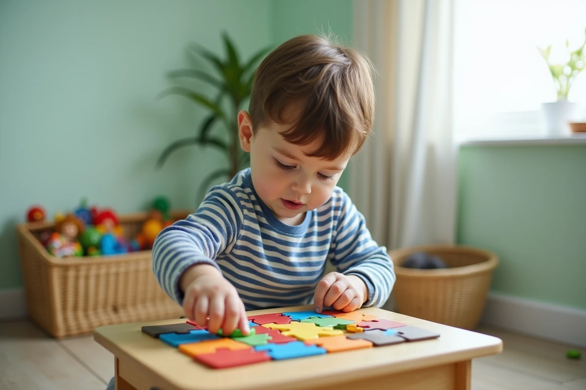Petit garçon de 4 ans concentré sur un puzzle coloré à prix accessible dans une salle de jeux
