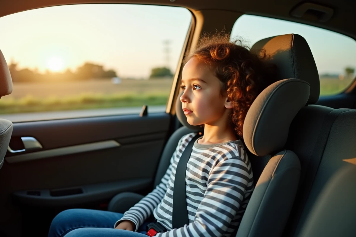Jeune fille installée dans un réhausseur homologué avec ceinture bien positionnée lors d'un long trajet en voiture