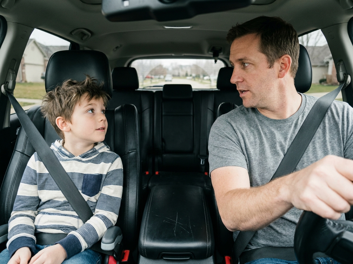 Père et enfant d'environ 10 ans assis à l'avant d'un SUV familial, l'enfant sur un rehausseur avec la ceinture attachée
