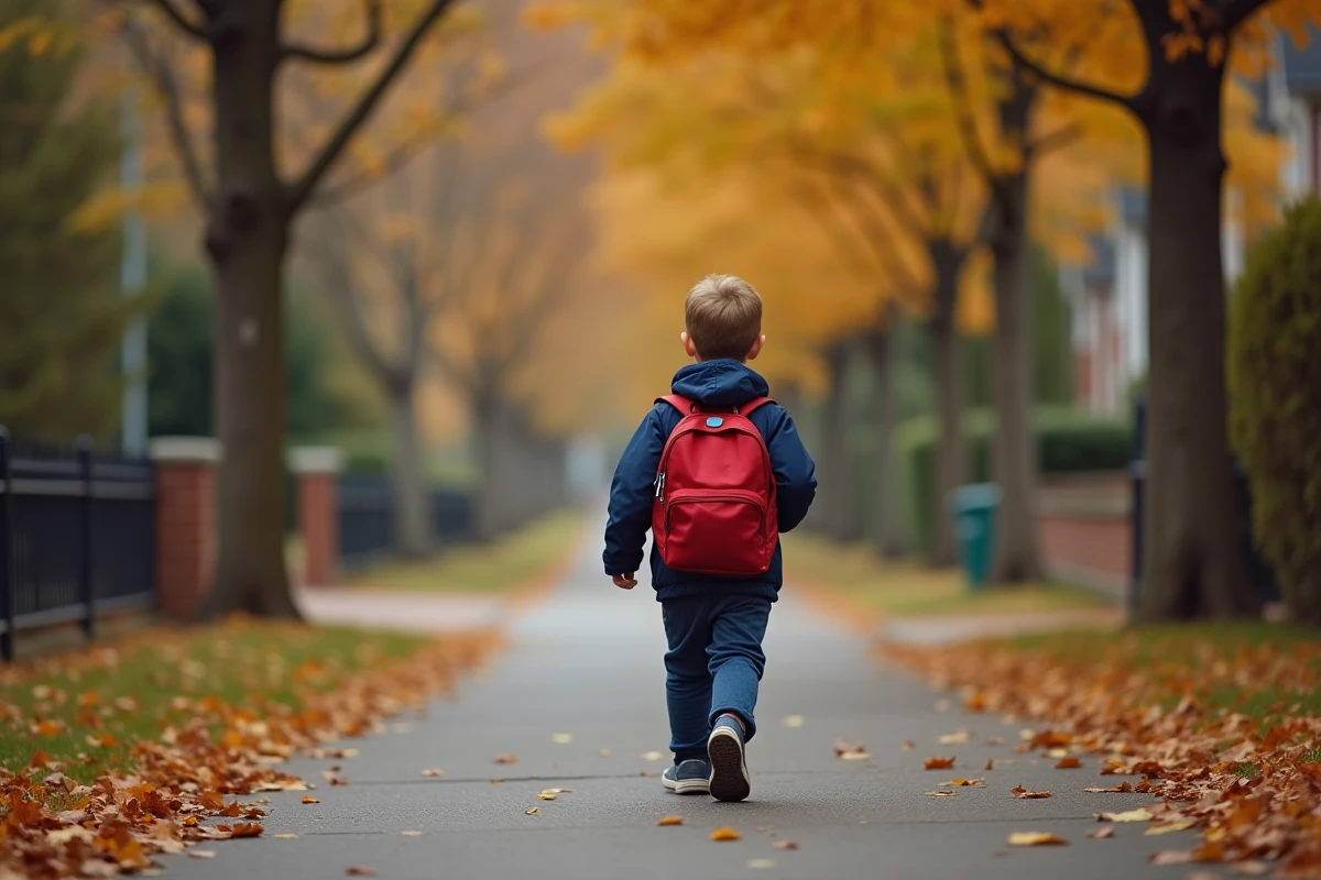 Enfant portant un sac à dos avec traceur GPS discret marchant sur un trottoir résidentiel en automne