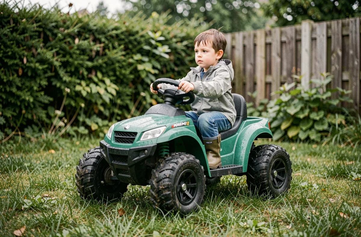 Enfant conduisant une voiture électrique tout-terrain verte sur pelouse mouillée dans un jardin