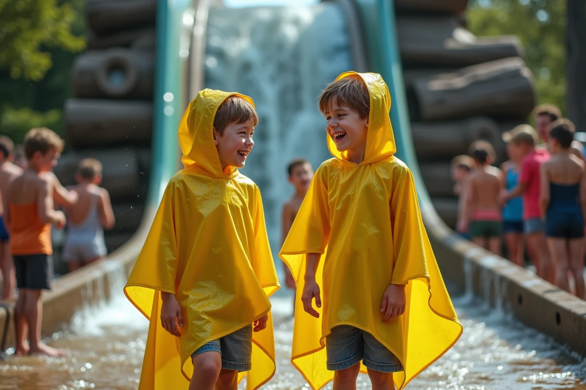 Deux jeunes garçons en poncho jaune trempés et hilares après une attraction aquatique à PortAventura