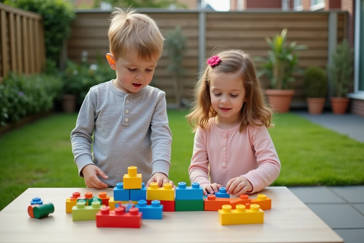 Deux enfants de 4 ans jouant avec des briques de construction colorées bon marché dans un jardin familial