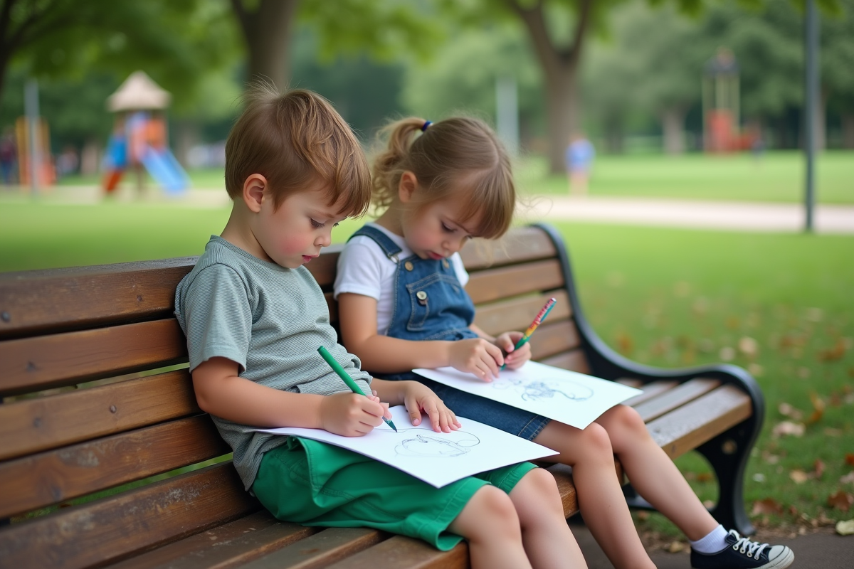 Deux enfants dessinant sur un banc dans un parc