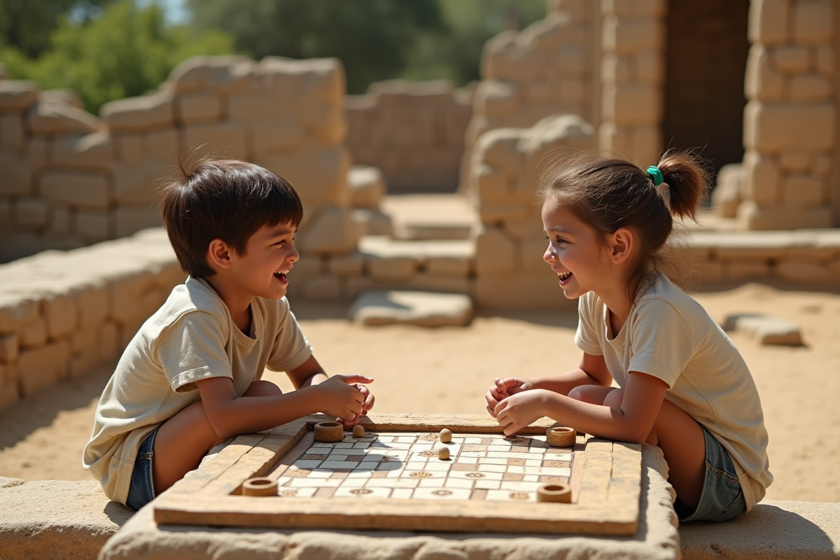 Deux enfants jouant au senet dans un parc archéologique