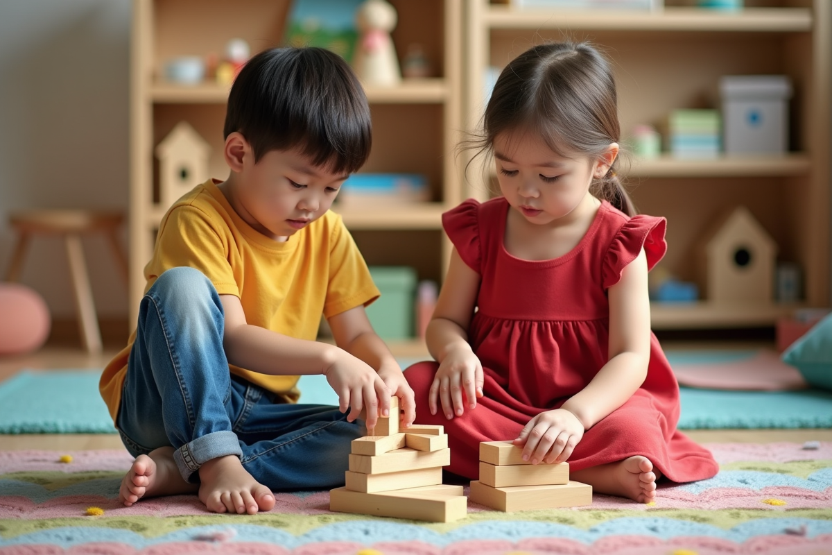 Deux enfants en maternelle jouent avec des blocs en classe