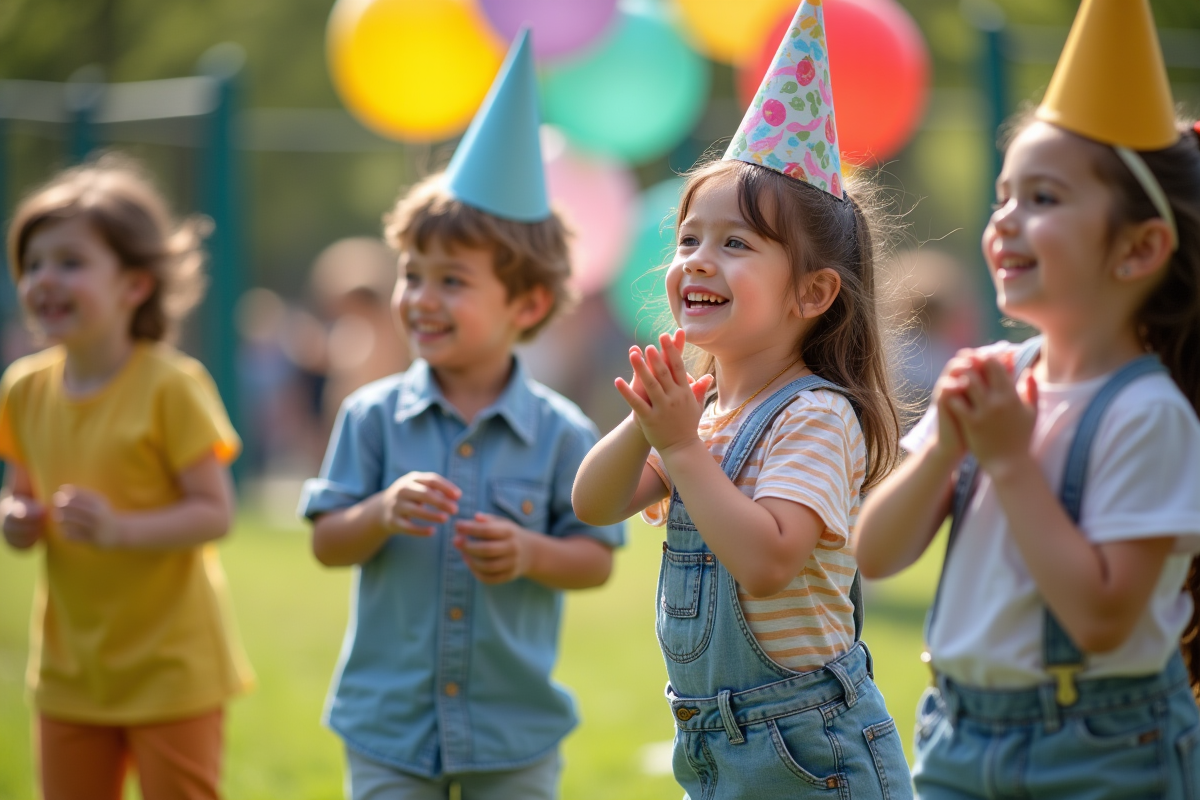 Groupe d'enfants jouant dans un parc coloré au printemps