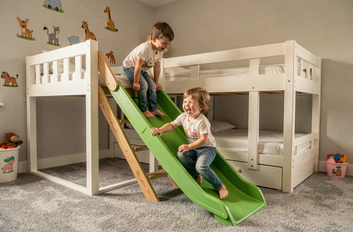 Deux enfants jouant autour d'un grand lit cabane blanc avec toboggan vert dans une salle de jeux