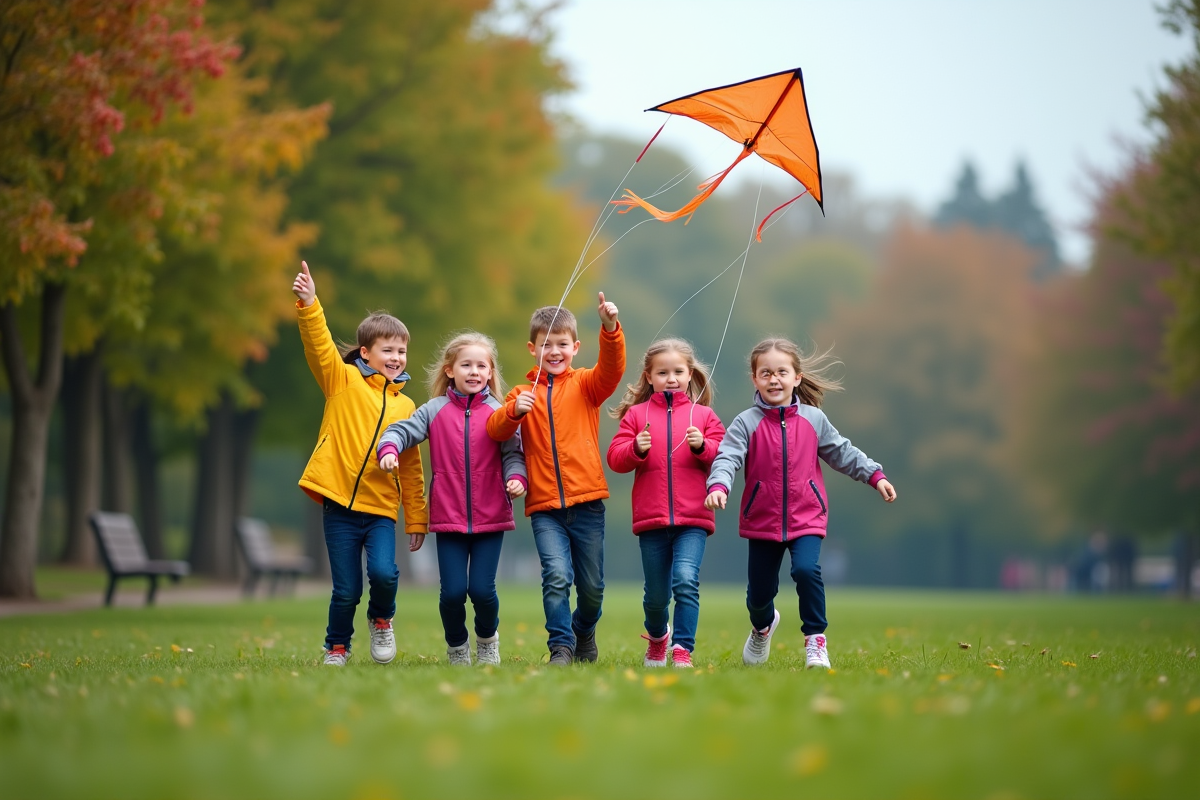 Enfants joyeux faisant voler un cerf-volant dans un parc