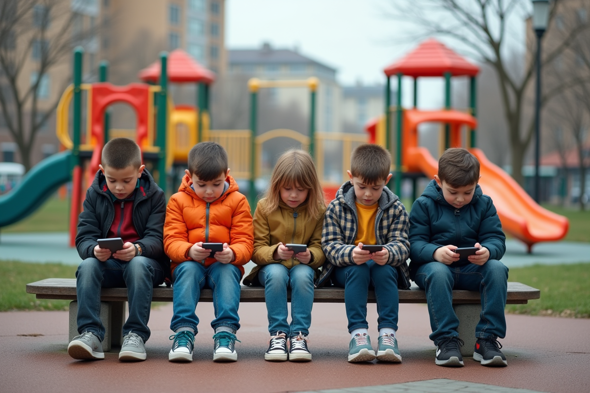 Enfants assis séparément sur un terrain de jeu urbain