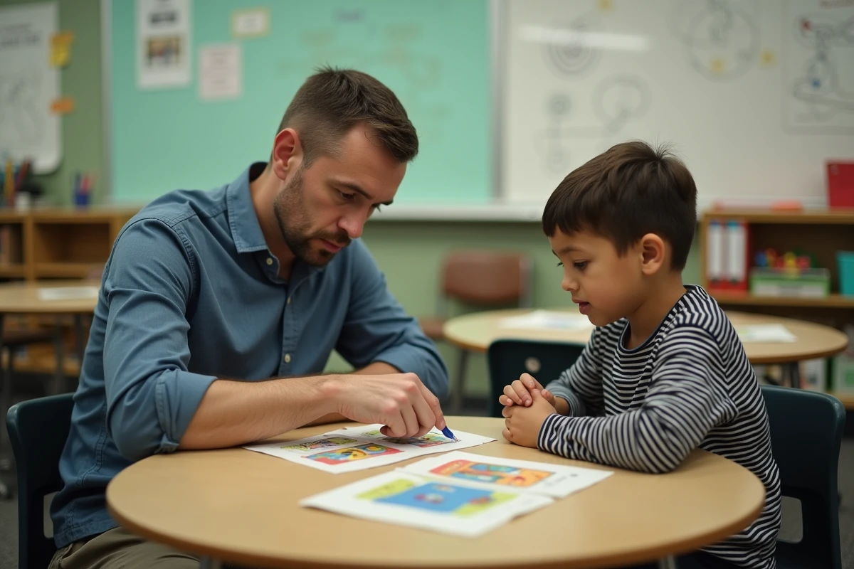 Enseignant spécialisé accompagnant un élève en difficulté dans une salle ressource, représentant les alternatives pédagogiques à la classe ULIS