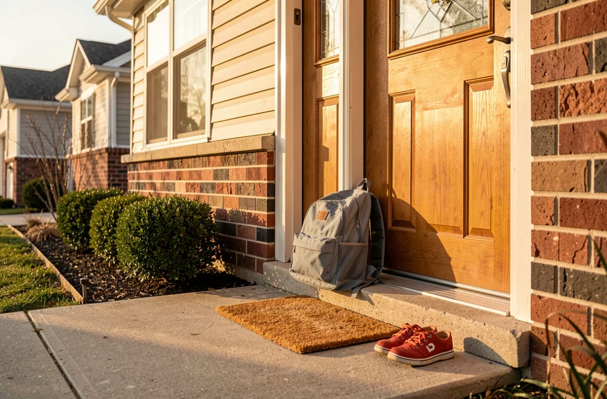 Entrée d'une maison avec un cartable d'enfant et des chaussures