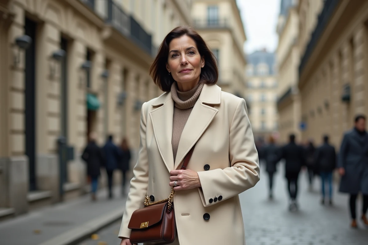 Femme élégante marchant dans une rue parisienne, évoquant le style de vie de l'épouse d'un journaliste politique reconnu