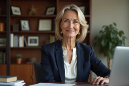 Portrait professionnel d'une femme élégante assise à un bureau, illustrant le profil de l'épouse de Vincent Hervouët