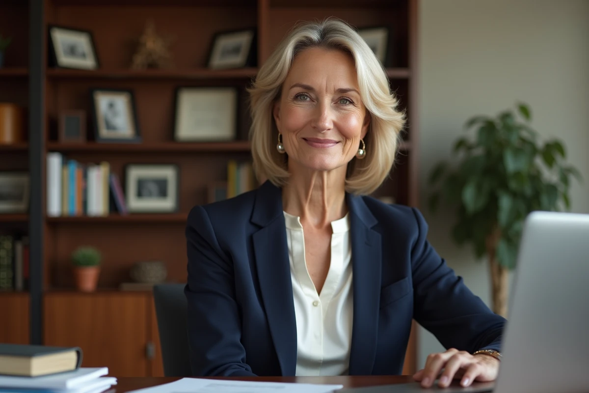 Portrait professionnel d'une femme élégante assise à un bureau, illustrant le profil de l'épouse de Vincent Hervouët