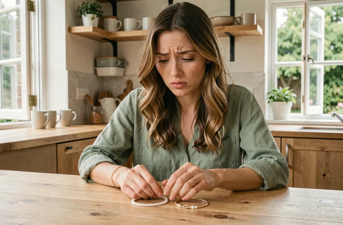 Femme comparant deux bracelets inadaptés posés sur une table en bois, illustration des erreurs courantes pour un cadeau de naissance