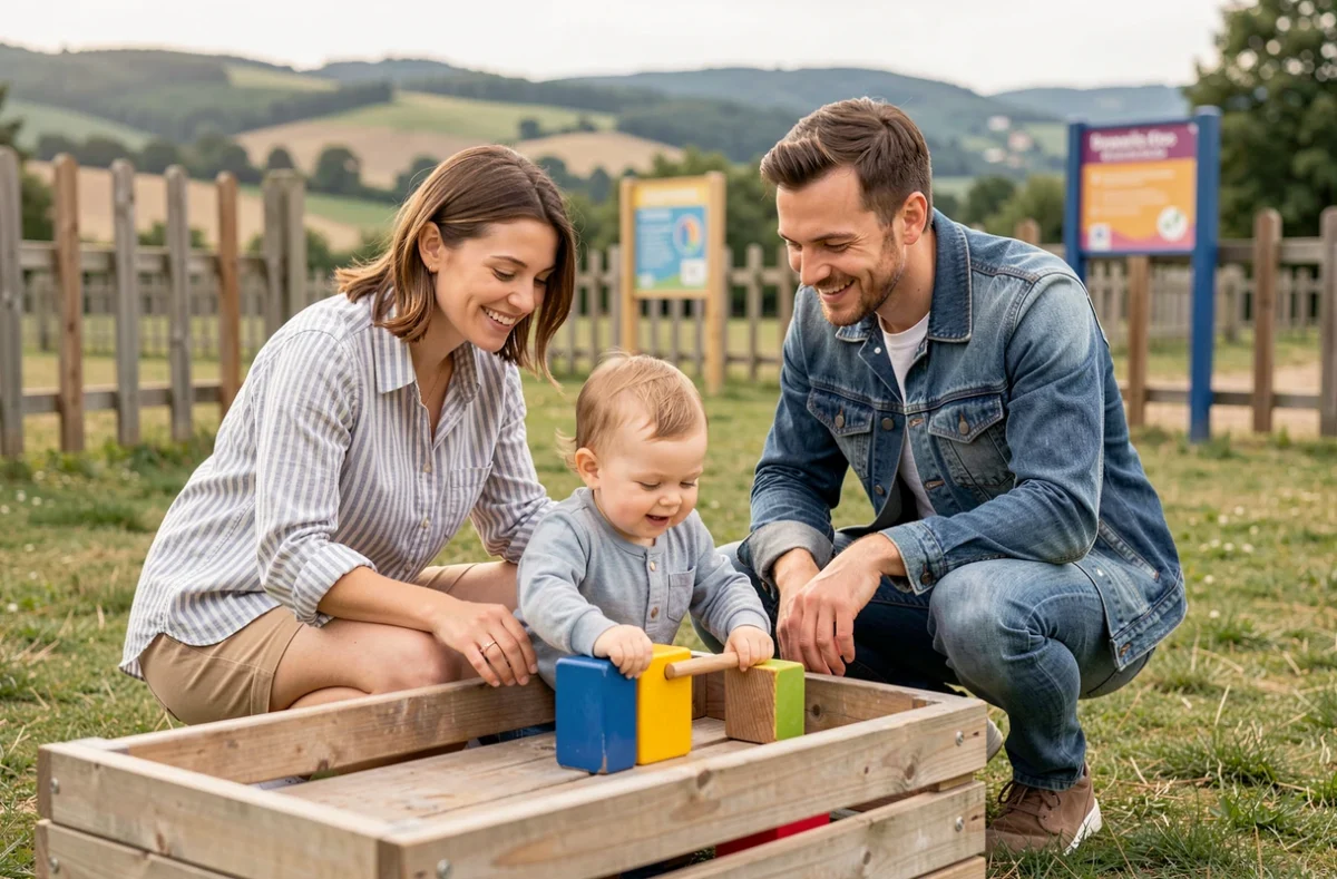 Famille avec jeune enfant explorant une aire de jeux pour tout-petits dans un parc d'attractions près de Lyon