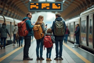 Famille avec bagages consultant des billets de train en gare pendant les vacances scolaires 2026