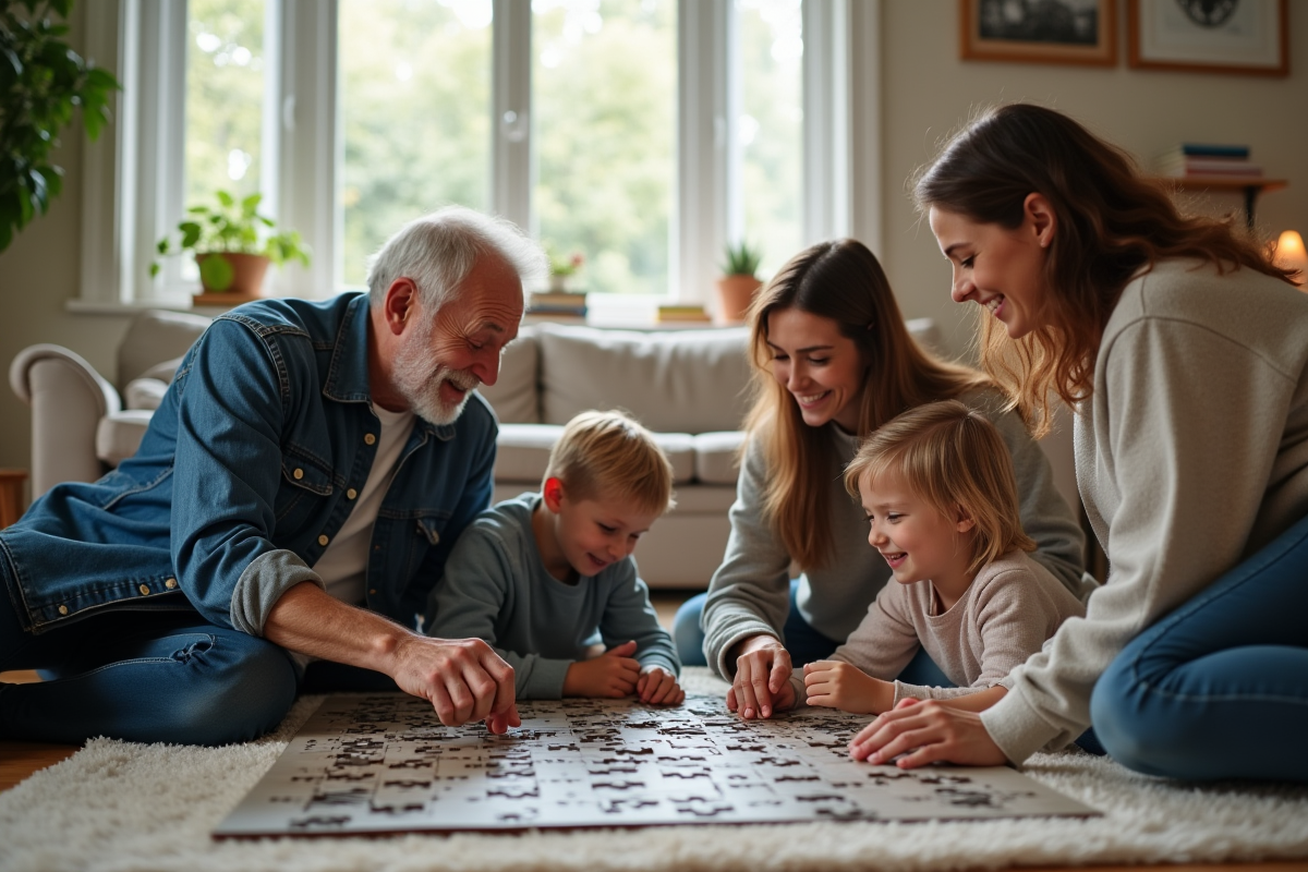 Famille multigeneration en train de faire un puzzle au sol